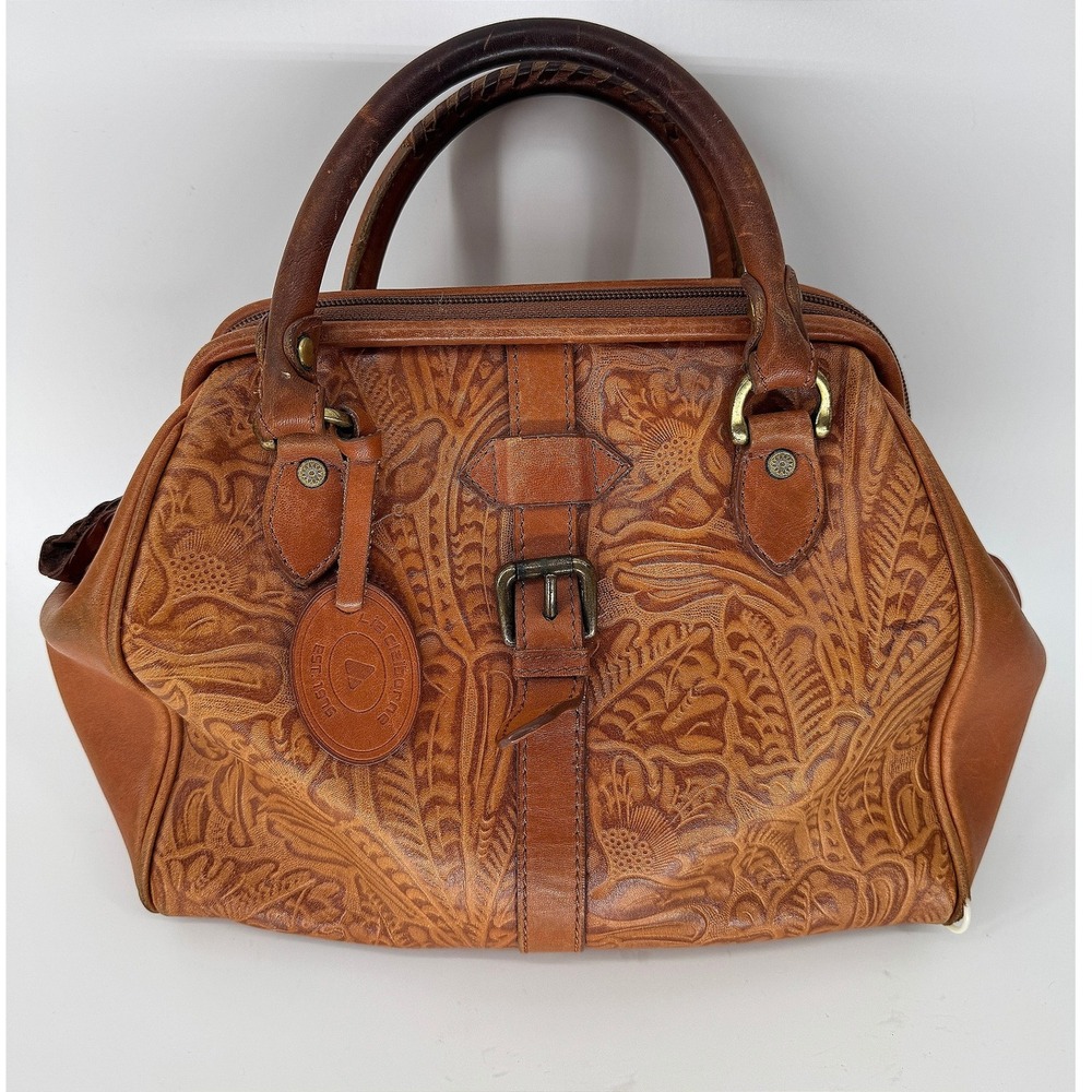 Liz Claiborne Doctor Bag Womens OS Brown Embossed Leather Vintage Handbag Tooled